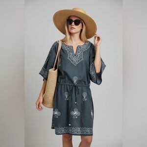 NEW La Leela Embroidered Caftan Dress Grey One Size Bohemian Swim Cover XL